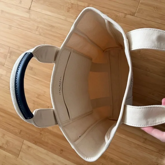 Tory Burch Cream & Navy Sturdy Canvas Tote w/ Navy Leather Handles - Picture 8 of 14